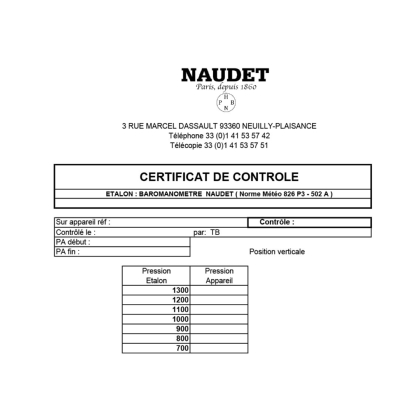 CERTIFICAT DE CONTRÔLE<br>NAUDET